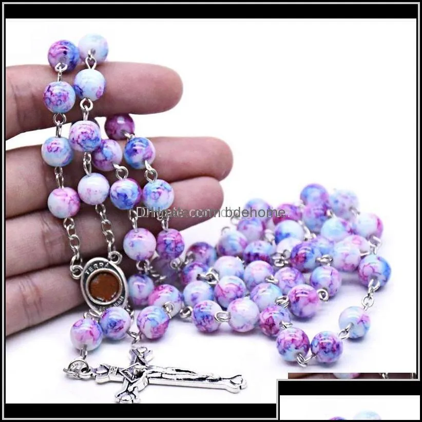 necklaces pendants drop delivery 2021 catholic jewelry long purple glass beads rosary neckalce for men women vintage jesus cross pendant