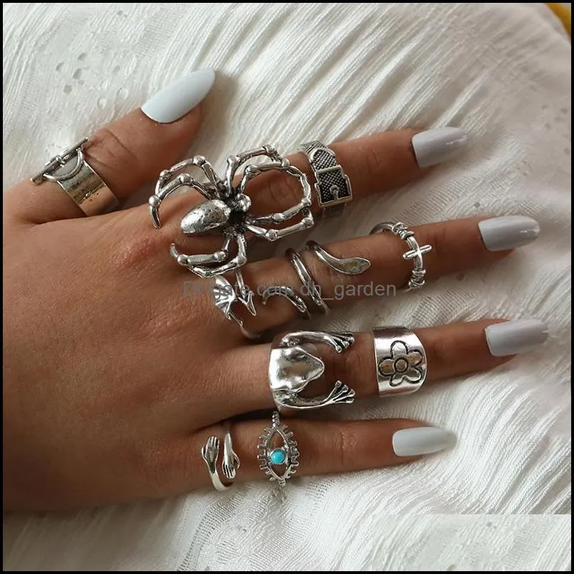 cluster rings 2022 vintage cool spider knuckle set for women boho cross midi joint finger ring goth alt carved flowers crystal jewelry