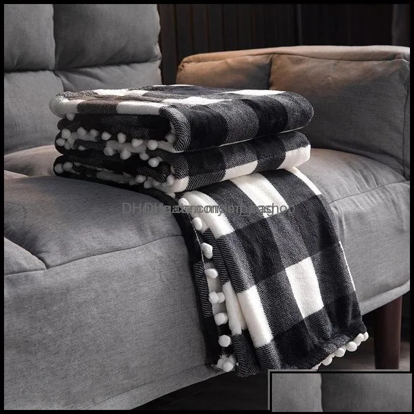 Blankets Home Textiles Garden Plaid Flannel Throw Blanket With Pom PomsBlack White Checkered Soft Plush Microfiber For Couch Sofa Drop