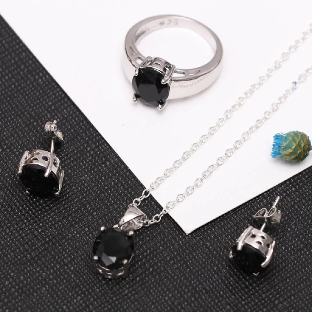 fashion women jewelry set artificial black crystal zircon pendant necklace with earrings ring for wedding party charm jewelry