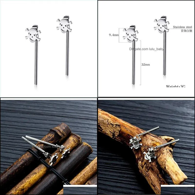 stud 1 pair punk titanium steel long stick pirate skull earrings for men fashion jewelry drop