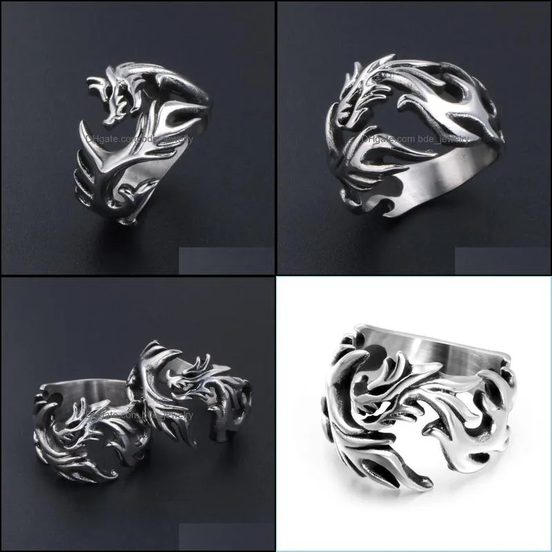 cluster rings punk stainless steel silver color male men chinese loong dragon fashion jewelry wholesale us size 6 7 8 9 10 11 12 13 14