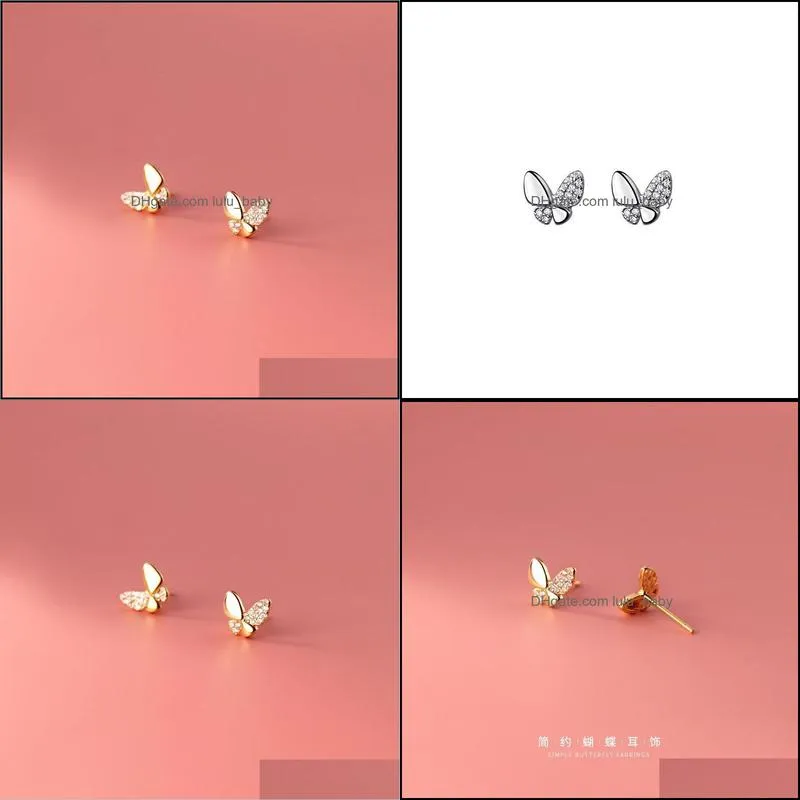 stud real 925 sterling silver butterfly earrings for women teen girls cz zircon cute small tiny earings fashion jewelry