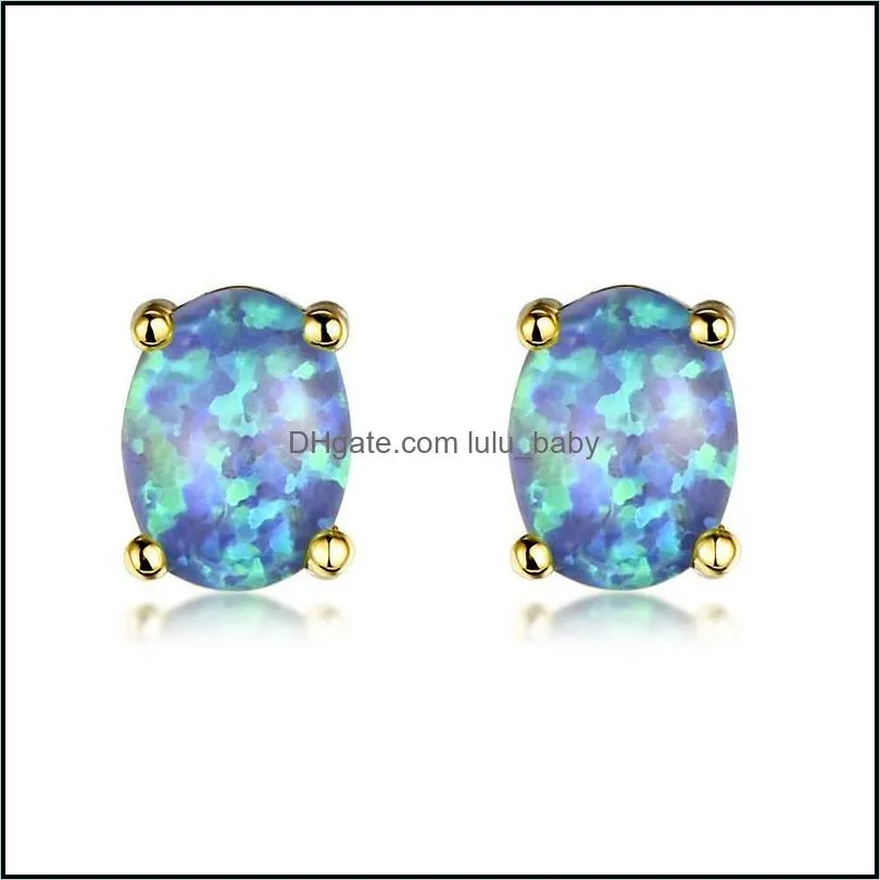 stud female cute small oval stone earrings white blue green opal boho rose gold silver color wedding for women