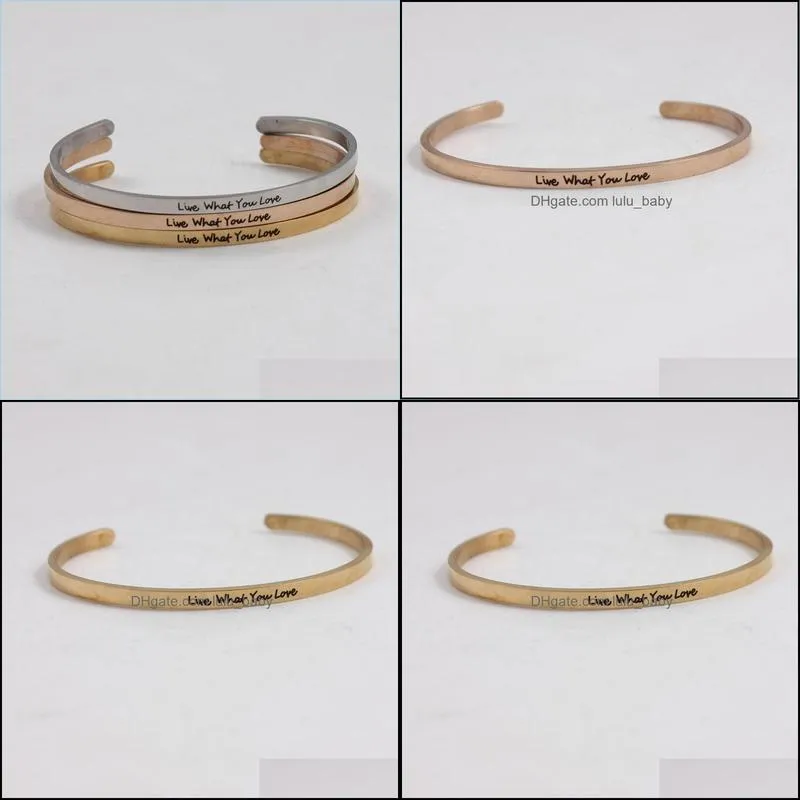 bangle inspirational mantra cuff lettering live what your love engraved jewelry silver gold rose tonebangle