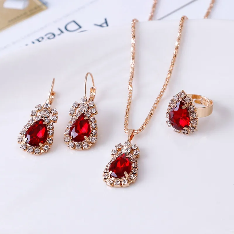 elegant women jewelry set gold color flower pendant necklaces earrings rings fashion bride bridesmaid wedding accessories jewelry sets