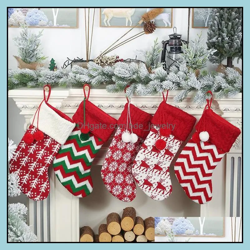 2023 knit christmas stockings decor christmas trees ornament party decorations reindeer snowflake stripe candy socks bags xmas gifts