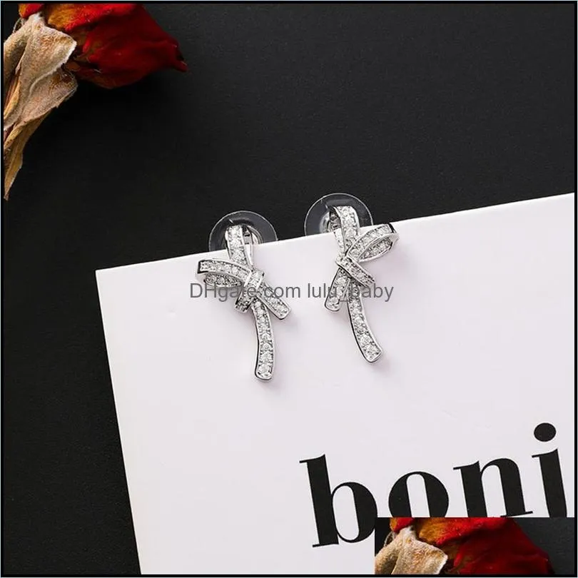 stud korea fashion simple zircon bow earrings sweet short hair 925 silver pin earring for women ear jewelry