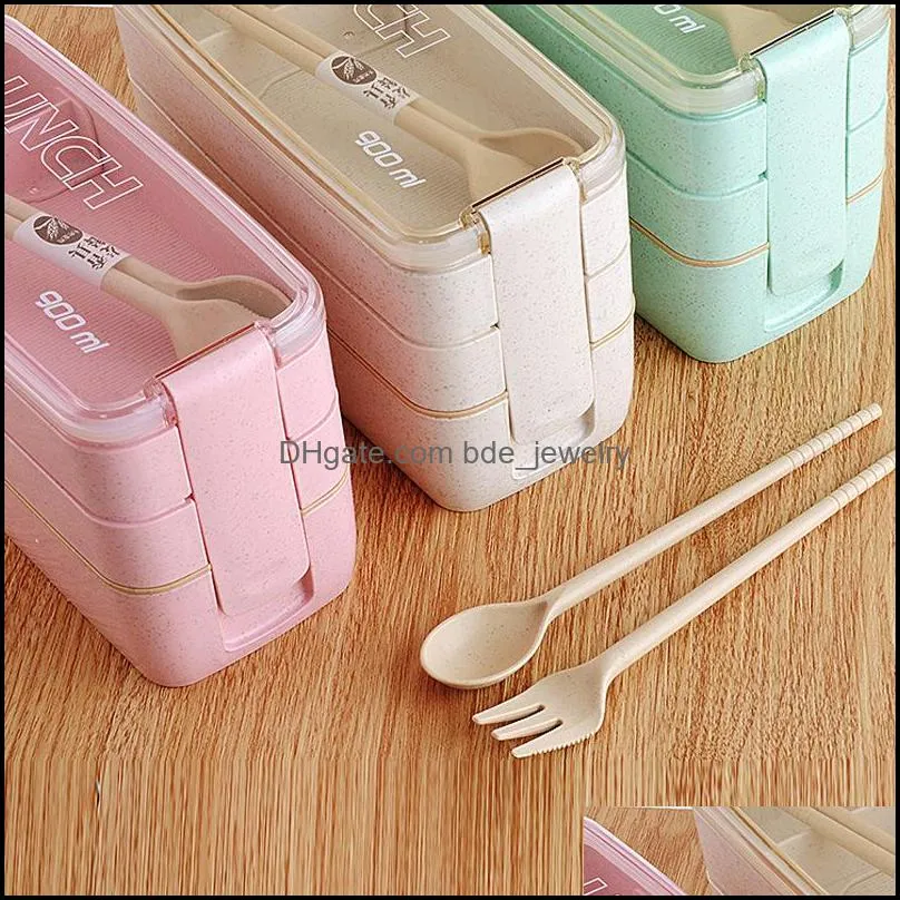 lunch box 3 grid wheat straw bento transparent lid food container for work travel portable student lunch boxes containers