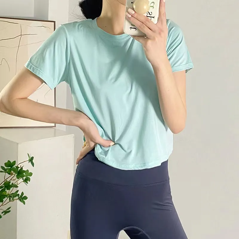 LU113 Women`s Yoga Sports Modal Short Sleeve Action Always Crop Top T-shirt Crew Neck Fitness Sportwear