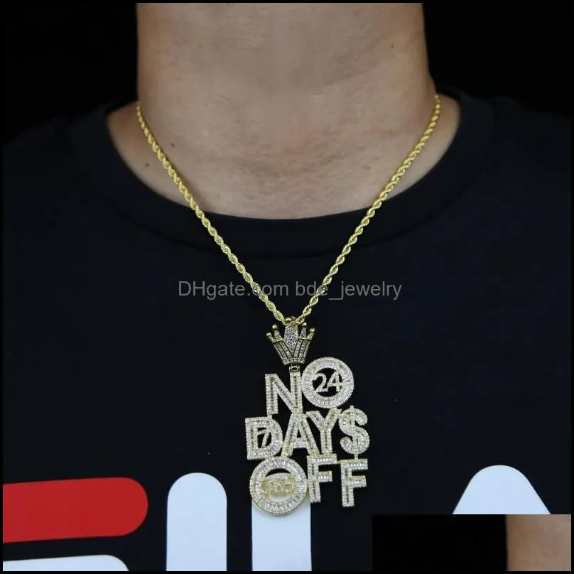 chains iced out bling cz letters pendant necklace no days off paved cubic zircon crown shape mens fashion hip hop jewelry