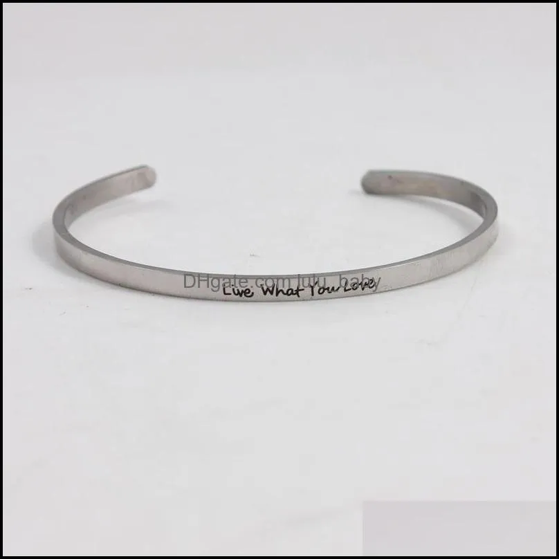 bangle inspirational mantra cuff lettering live what your love engraved jewelry silver gold rose tonebangle