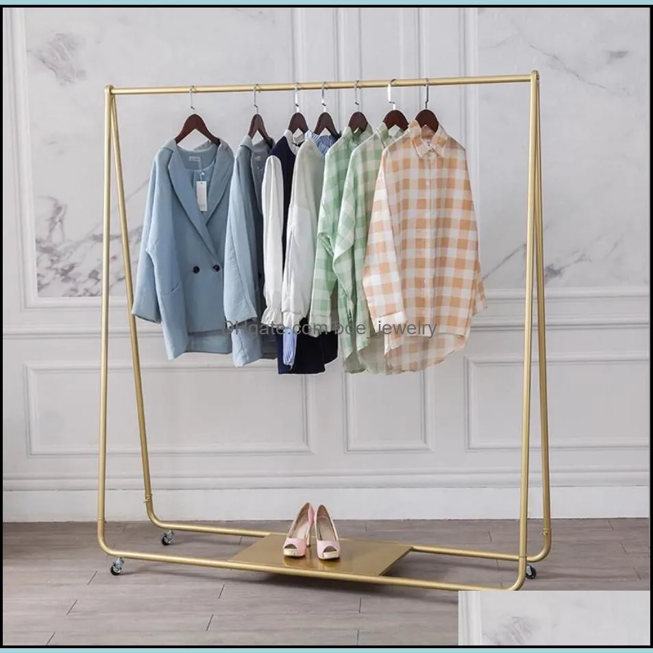 iron display shelf commercial furniture with wheel horizontal bar clothing show racks floor mounted gold womens clothing store shelfs