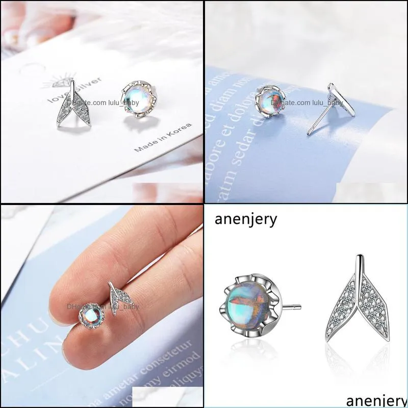 stud anenjery simple delicate 925 sterling silver asymmetrical micro zircon fish tail earrings for women gift oorbellen se837