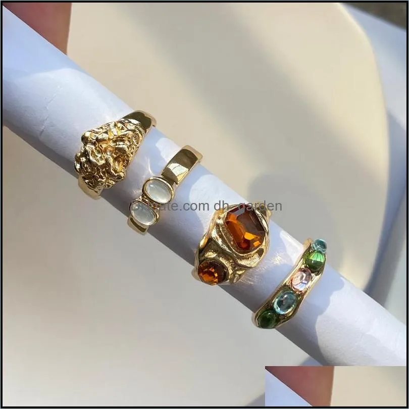 cluster rings 2022 korea 5pcs/set colorful stone rhinestone metal chain trendy geometry hit set for women girls jewelry giftscluster