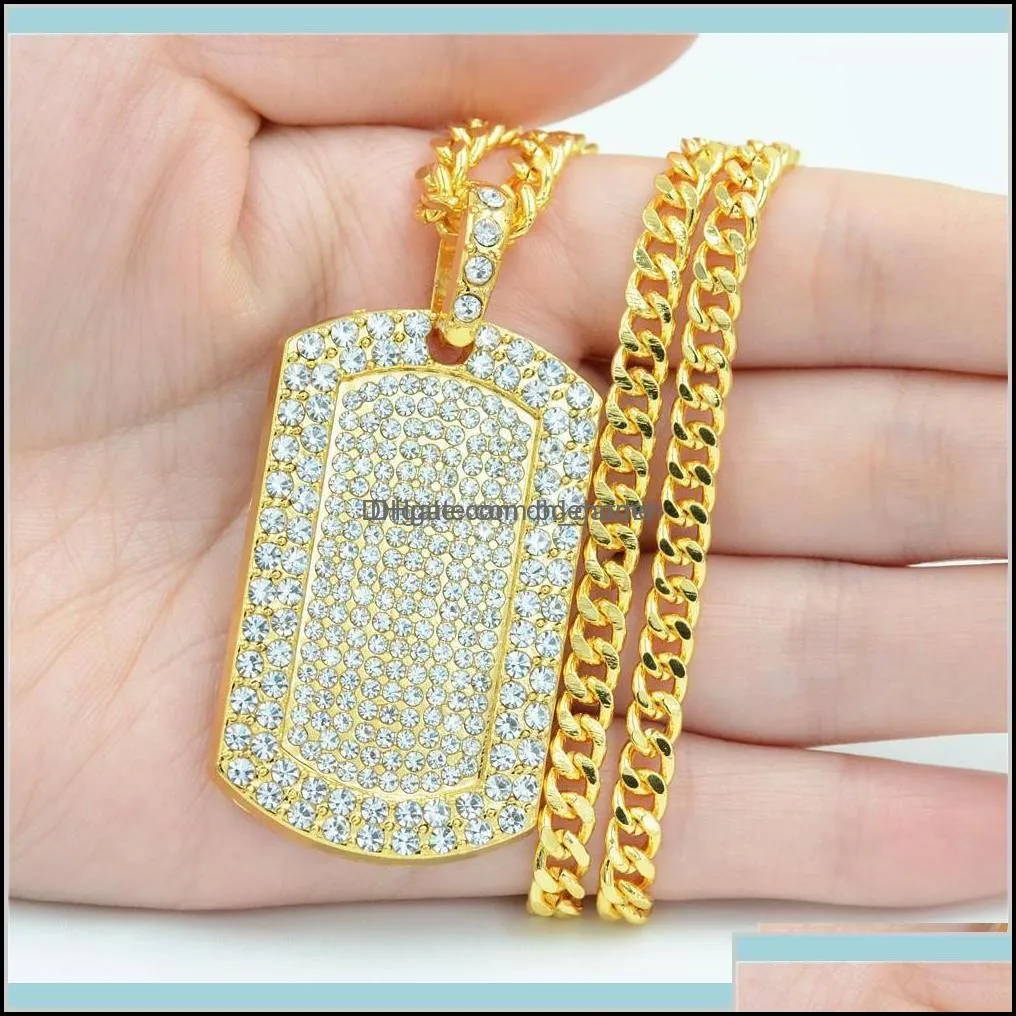 mens jewelry vintage filled iced out rhinestone gold color charm square dog tag necklace with cuban chain hip hop bam2h necklaces