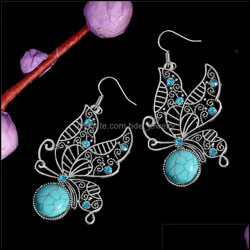 1pair jewelry ethnic vintage tibetan silver stone royal butterfly dangle earrings