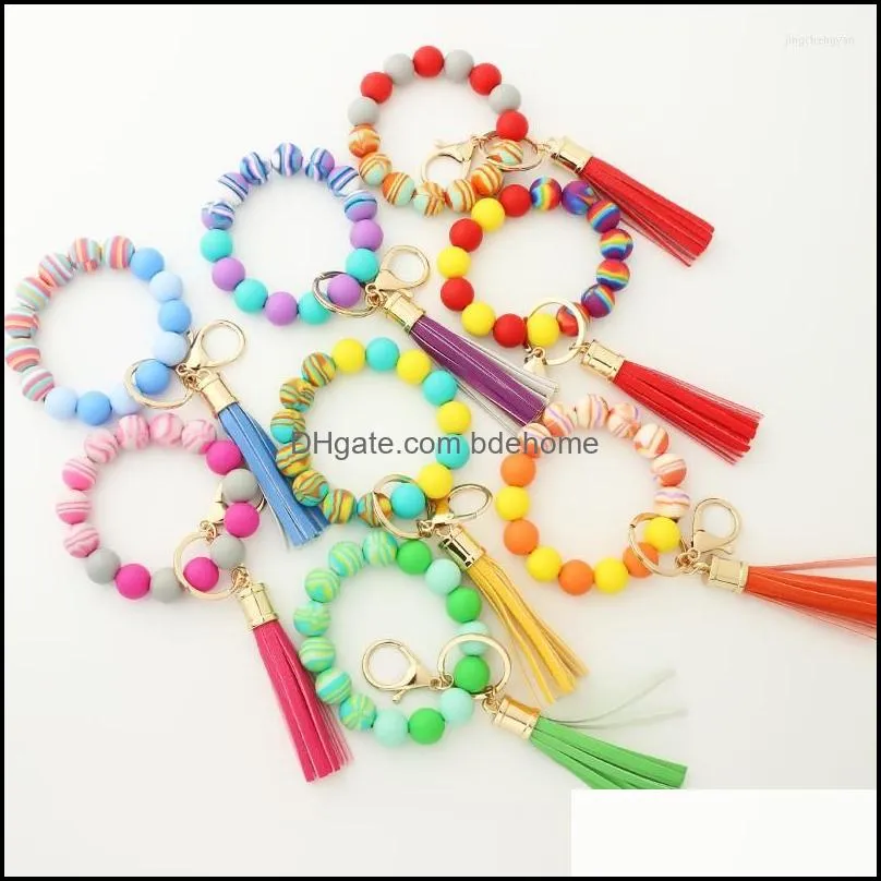 bangle 2022 silicone keychain for keys tassel wood beads bracelet keyring women accessories multicolor wholesale