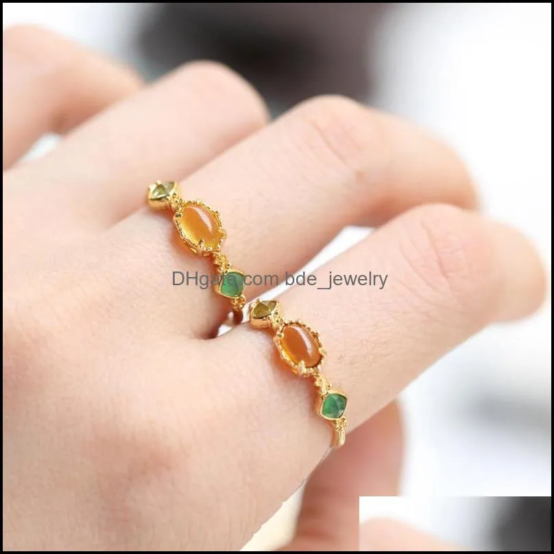 cluster rings lamoon vintage natural amber ring for women citrine peridot gemstone 925 sterling silver k gold plated drop