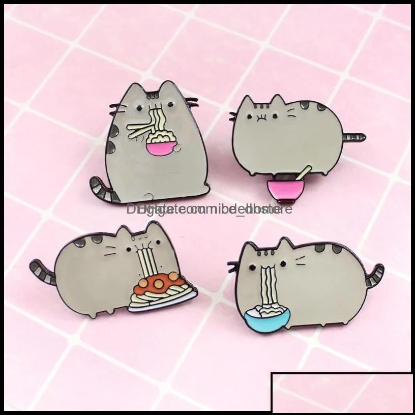 pinsbrooches jewelry creative cartoon animal cat eating noodle enamel brooch alloy badge shirt bag pins accessories women gi dhw2w