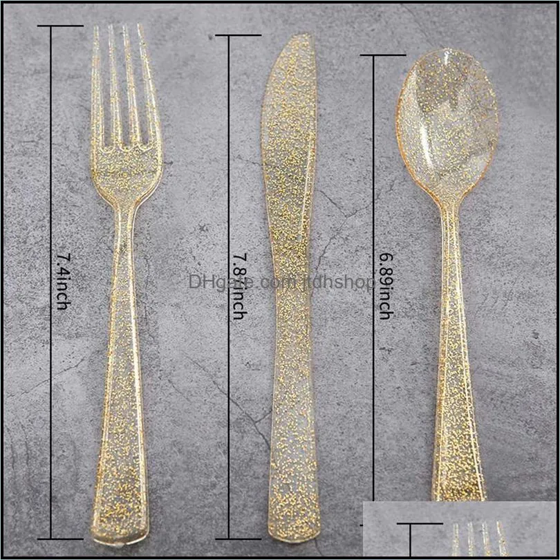 disposable dinnerware plastic gold glittering dessert cake knife dinner fork spoon set wedding birthday christmas party cutlery