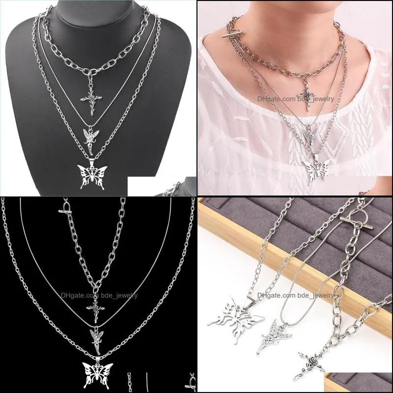 pendant necklaces punk hip hop silver color cross choker for men women cool 3 layers butterfly angel necklace fashion jewelrypendant