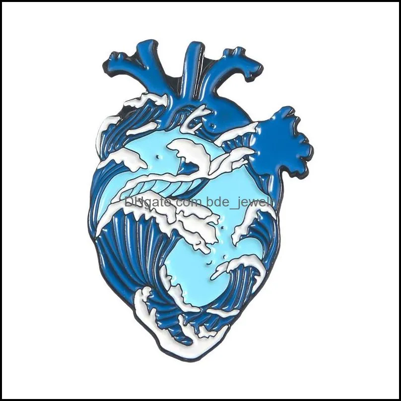 blue ocean heart pins jewelry roaring wave whale enamel lapel pin brooches creative sea organ denim shirt bag badge broadminded