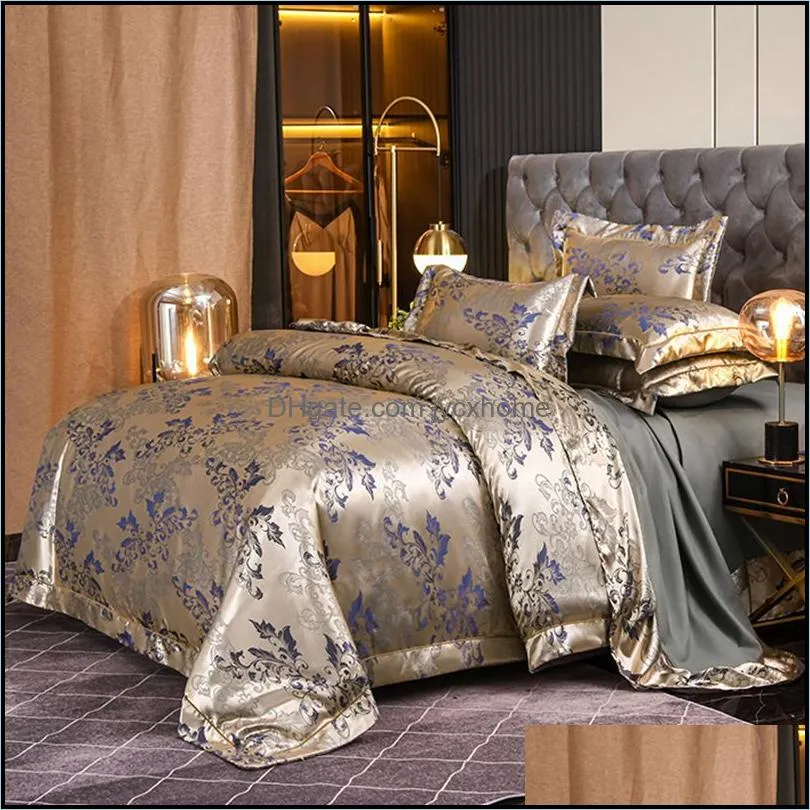 gold coffee jacquard luxury bedding set queen/king size stain bed set 4pcs cotton silk lace duvet cover sets bedsheet home textile 486