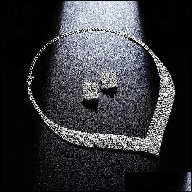 jewelry sets womens silver gold plated bling bride elegant shiny rhinestone earrings necklace bracelet