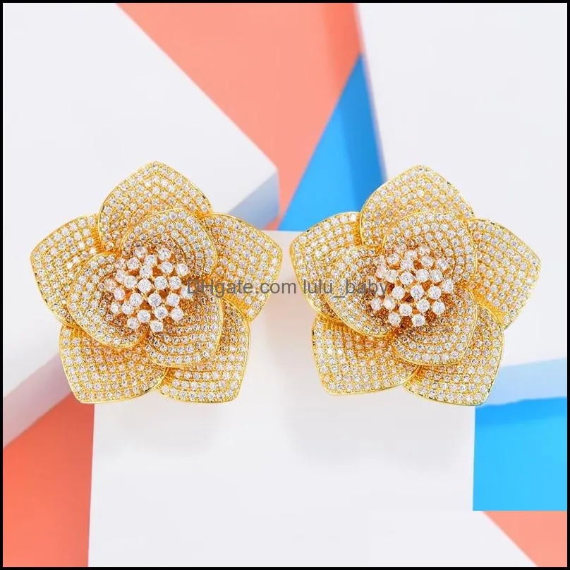 stud godki trendy luxury 3 tone flower earrings for women wedding cubic zircon cz bridal bohemia drop