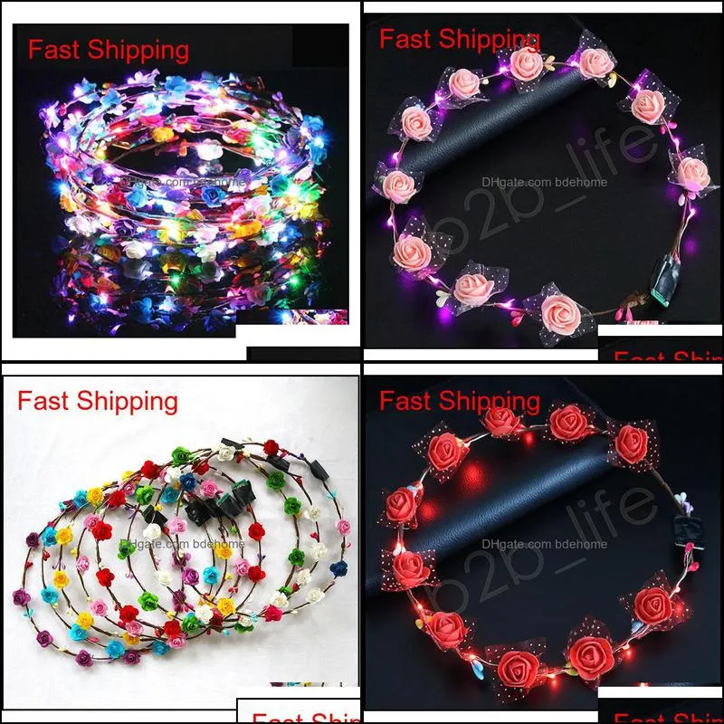 flashing led hairbands strings glow flower crown headbands light party rave floral hair garland luminous wreath fas jllzvh home003