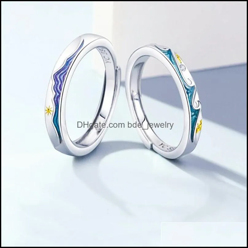 cluster rings sole memory color drip glaze couple gift wave vow 925 sterling silver female resizable opening sri962