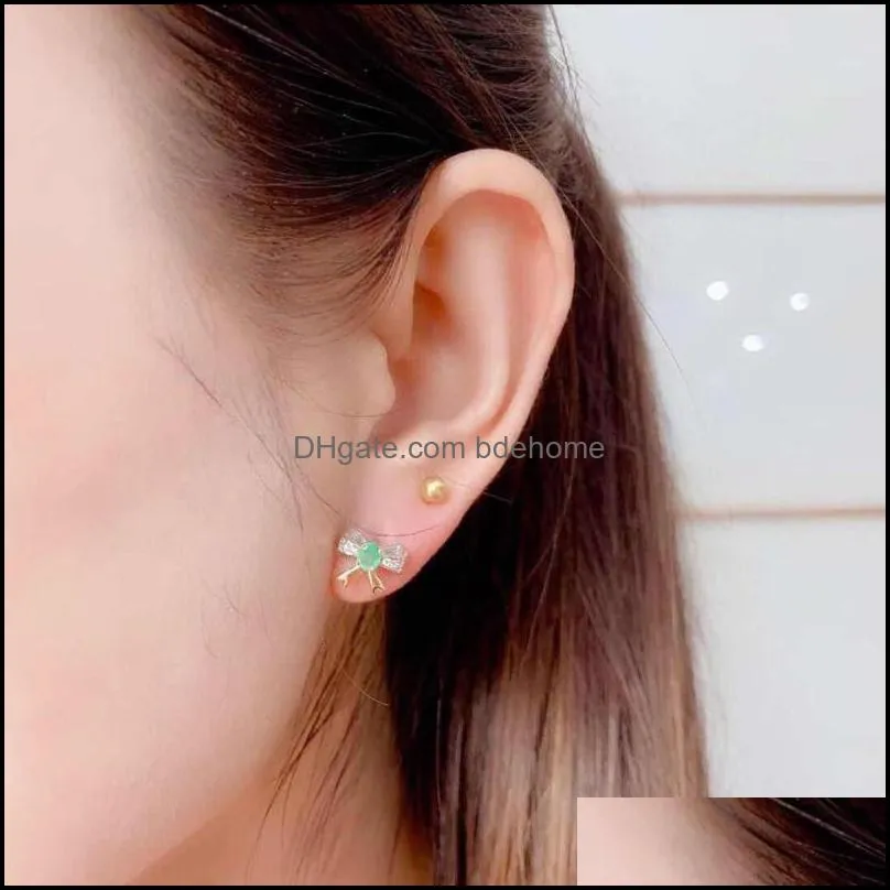 stud natural emerald earrings 925 silver twocolor electroplating process cute style small  bow earings for women