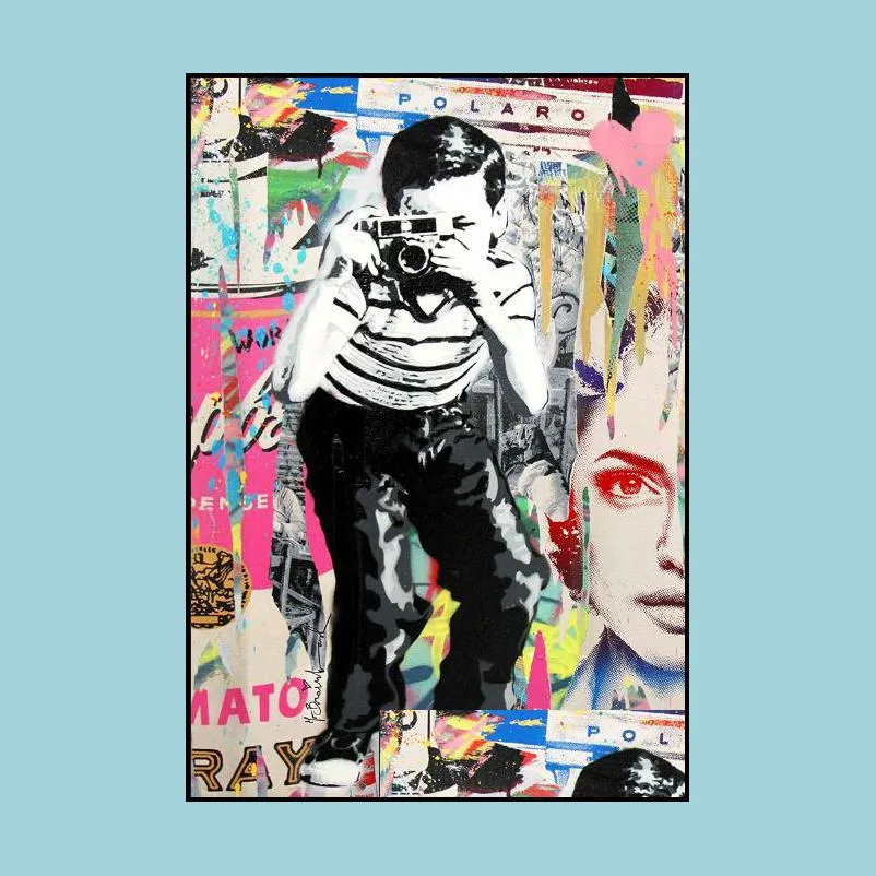 paintings boy taking pos street art canvas graffiti prints wall pictures for kids room cuadros decoration1