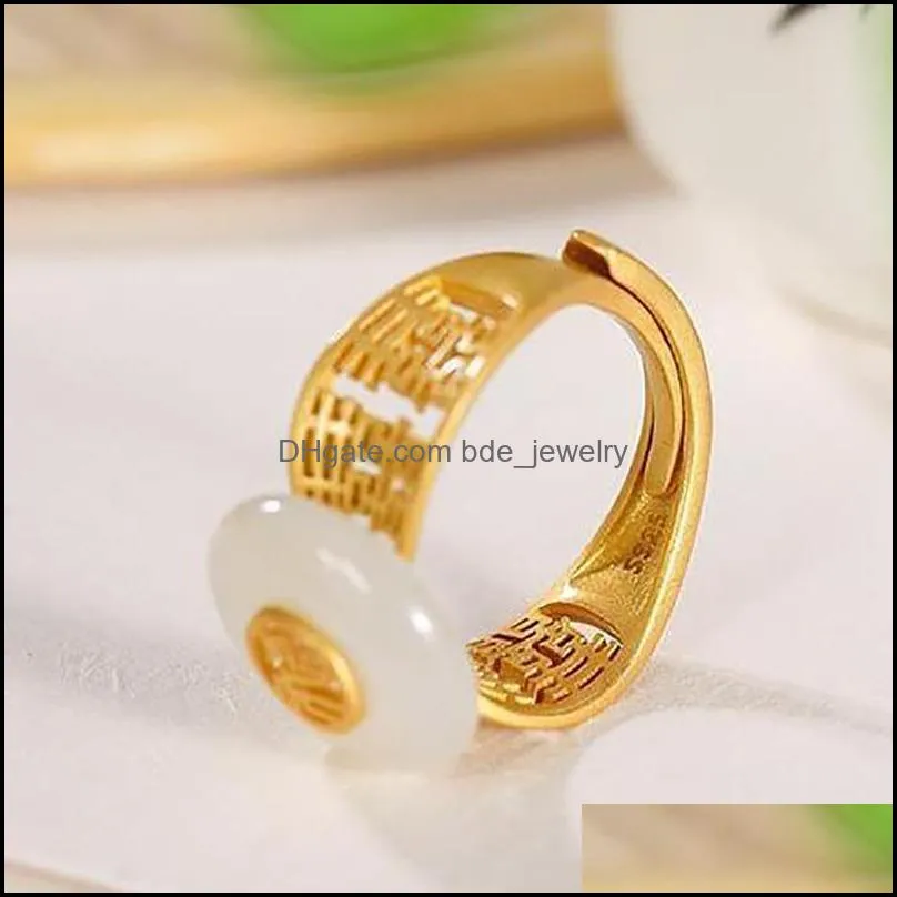 cluster rings inspired design goldplated inlaid natural hetian jade round open ring elegant charm ladies silver jewelry