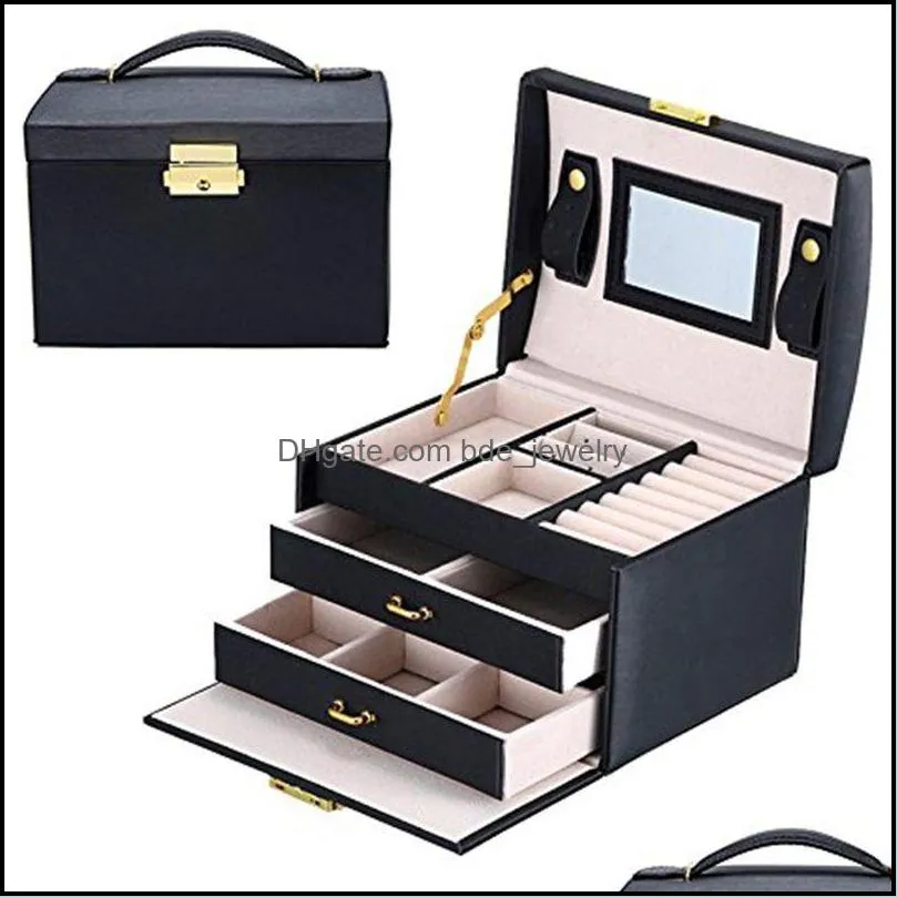 black color pu leather jewelry packaging box with 2 drawers threelayer storage jewelry organizer carrying cases women cosmetic