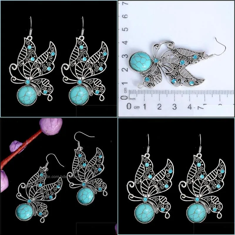 1pair jewelry ethnic vintage tibetan silver stone royal butterfly dangle earrings