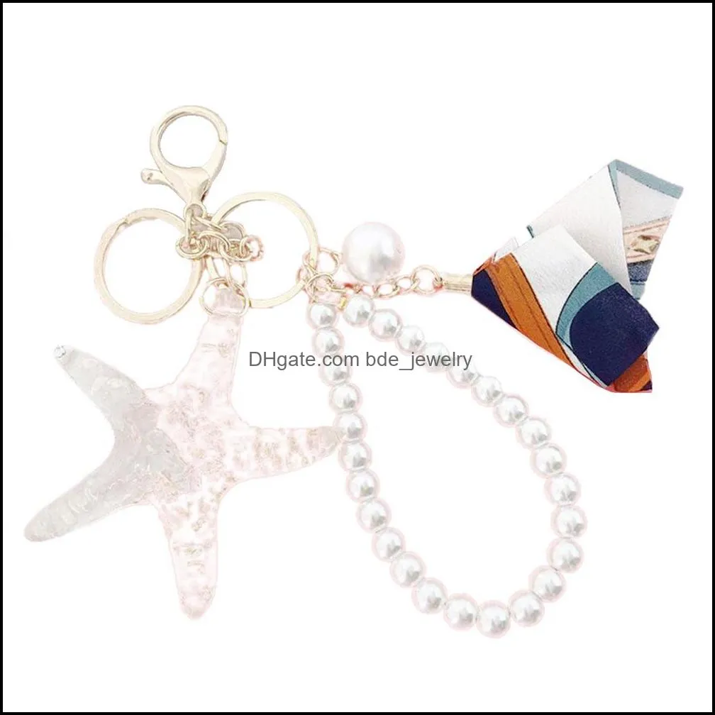 starfish keychain couple key ring shell crafts pearl key chains lady bag pendant necklace light bulb ribbon car trendy jewelry