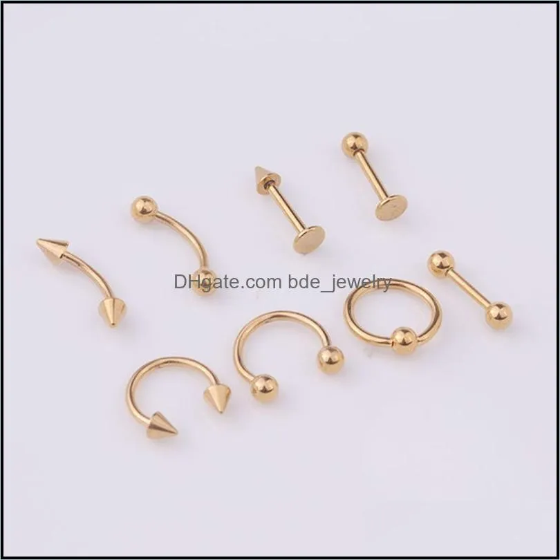 8pcs/set stainless steel barbell helix lobe tongue belly nose rings ball punk helix rook tragus septum lip eyebrow body piercing