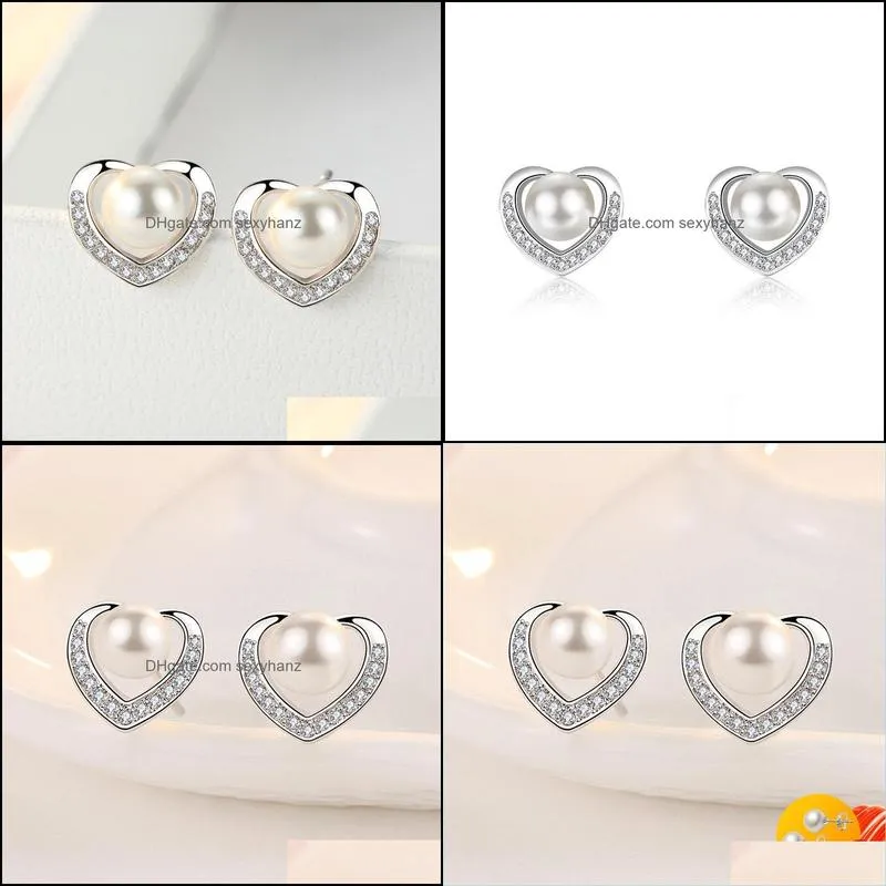 stud trendy pearl earrings 925 silver jewelry heart shape earring accessories for women wedding engagement party gift wholesale