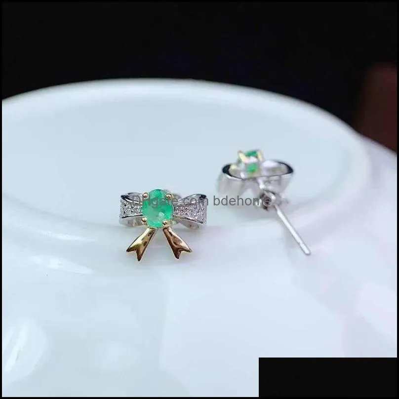 stud natural emerald earrings 925 silver twocolor electroplating process cute style small  bow earings for women