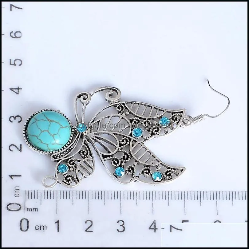 1pair jewelry ethnic vintage tibetan silver stone royal butterfly dangle earrings