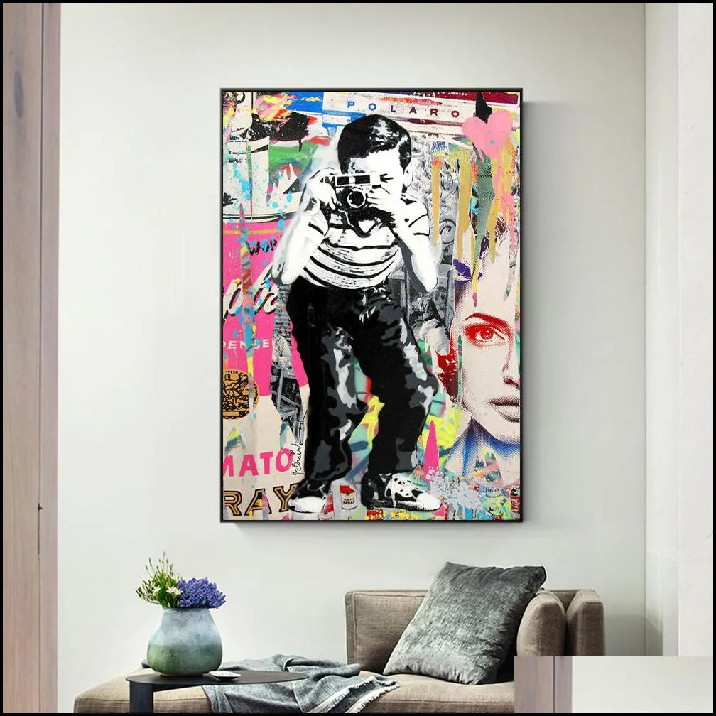 paintings boy taking pos street art canvas graffiti prints wall pictures for kids room cuadros decoration1