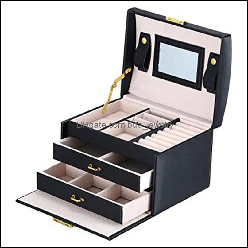 black color pu leather jewelry packaging box with 2 drawers threelayer storage jewelry organizer carrying cases women cosmetic
