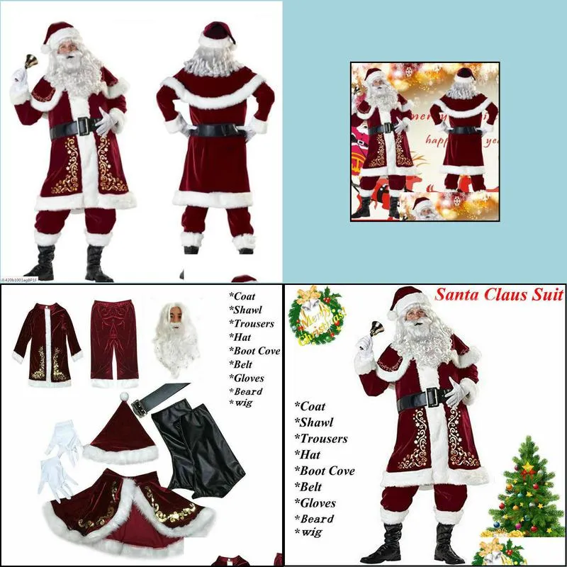 christmas decorations deluxe velvet santa claus suit adult mens costume gloves add shawladdhataddtopsaddbeltaddfoot coveraddgloves cosplay high