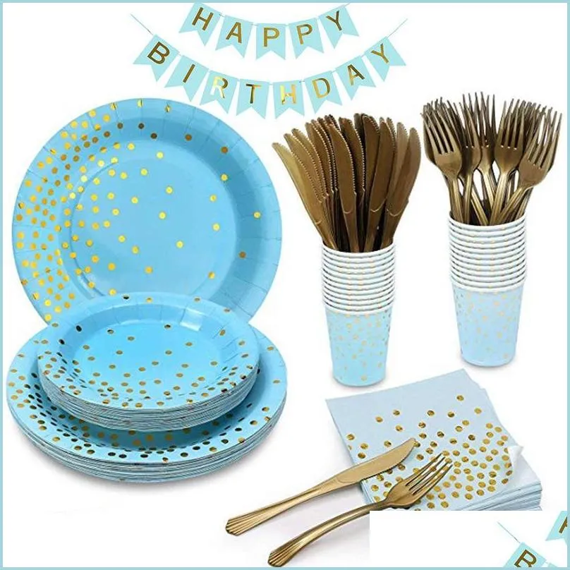 disposable dinnerware blue tableware party table decoration paper cups straw napkins wedding baby shower happy birthday supplies