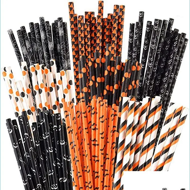 disposable dinnerware 25pcs pumpkin bat ghost paper straws halloween decoration party happy supplies decor