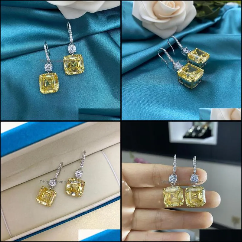 stud solid 925 sterling silver asscher cut 14x14mm created citrine moissanite diamond drop dangle women earrings fine jewelry