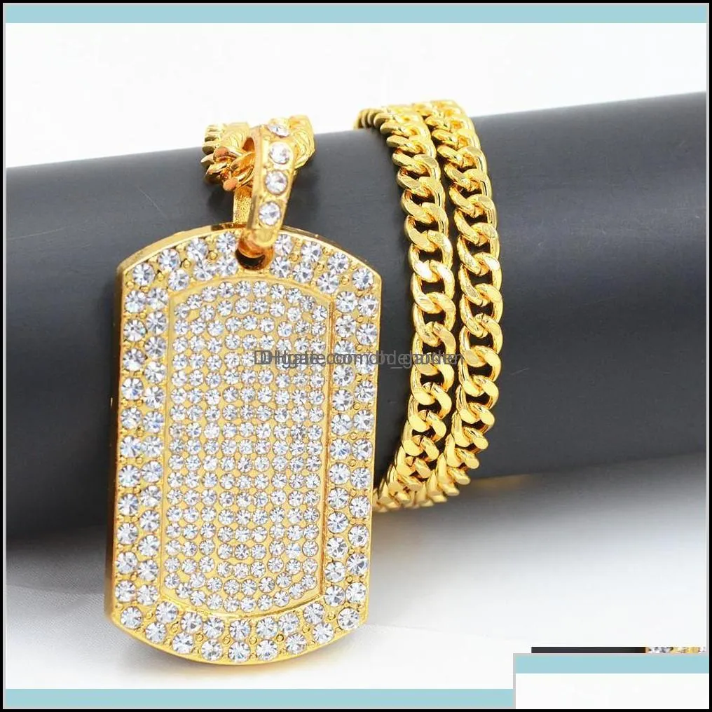 mens jewelry vintage filled iced out rhinestone gold color charm square dog tag necklace with cuban chain hip hop bam2h necklaces