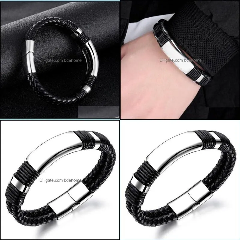 bangle fashion trendy hip hop personality cool doublelayer braided leather bracelet for men punk jewelry